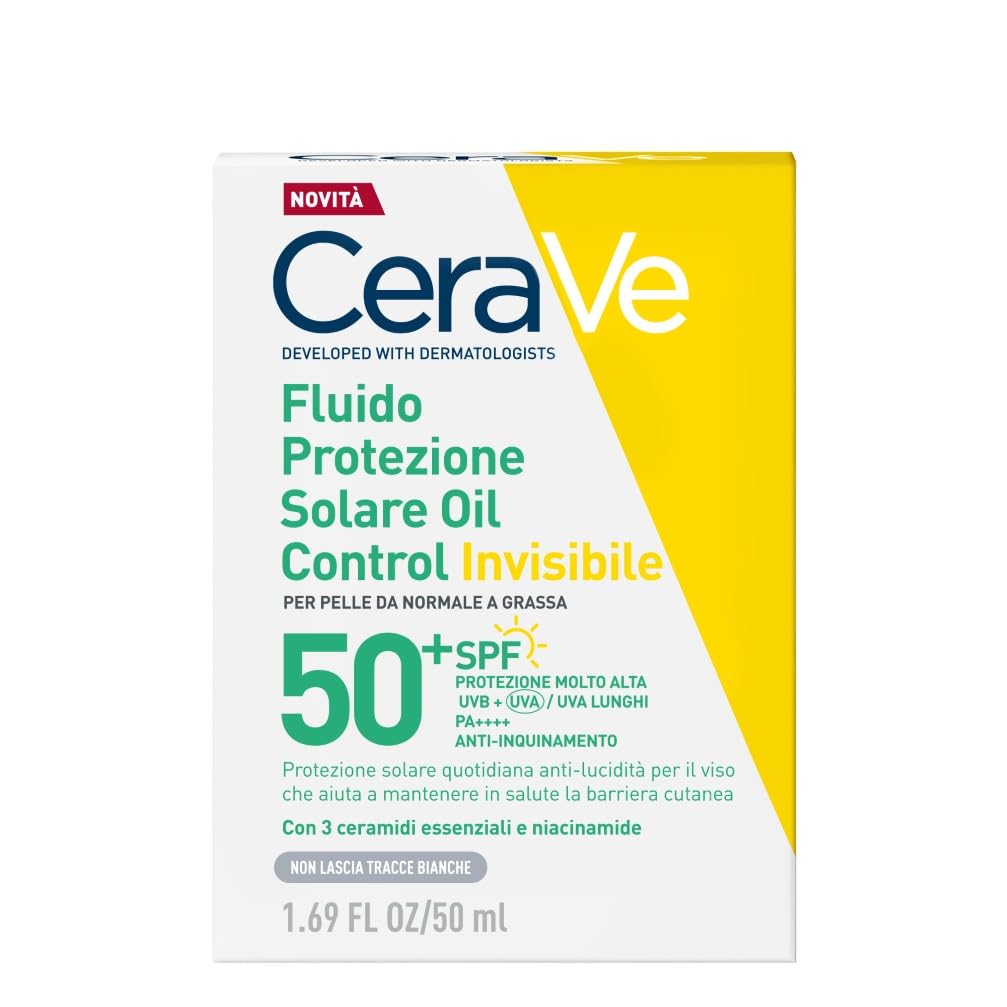 CeraVe Fluido Protezione Solare Invisibile Oil Control SPF50+, Per Pelle da Normale a Grassa, Protezione Molto Alta, Effetto Opacizzante, Invisibile Sulla Pelle, Texture Leggera, 50ml