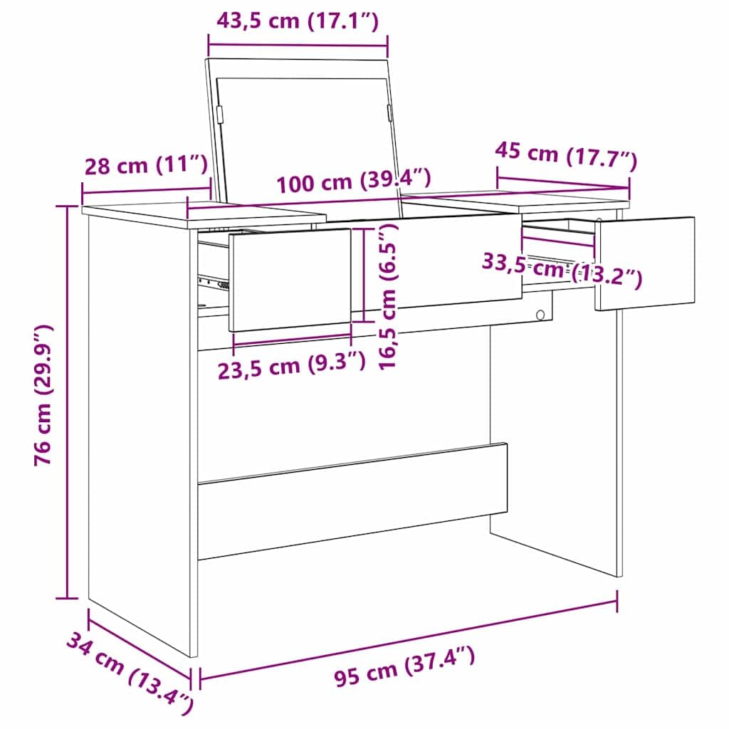 Kosmetiktisch Altholz mit 2 Schubladen und Spiegel 100 x 45 x 76 cm, Schminktisch mit Stauraum für Schlafzimmer, Ankleidezimmer, Makeup und Styling