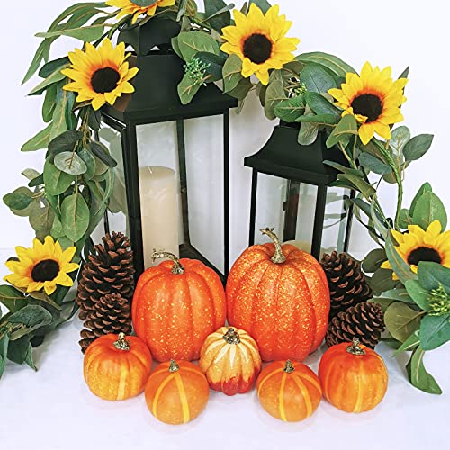 Image of Winlyn 7 Pcs Assorted Artificial Orange Pumpkins Harvest Decorative Foam Pumpkins for Farmhouse Rustic Fall Thanksgiving Halloween Tabletop Centerpiece Mantel Shelf Kitchen Decoration