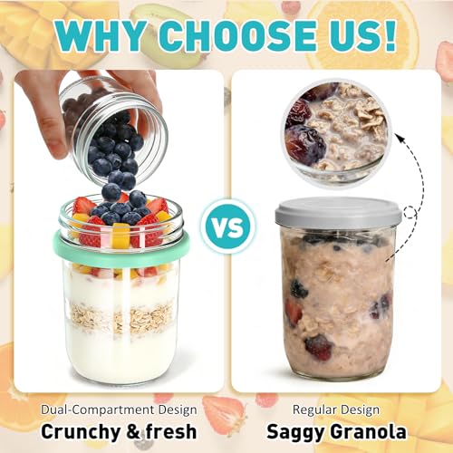 Image of 4 Pack 20 oz Overnight Oats Containers with Lids and Spoons, Glass | 16+4 oz Dual-Layer Glass Jars Dry and Wet Separation, Leak Proof, Good Grade, Reusable, Portable,For Oatmeal Salad Yogurt