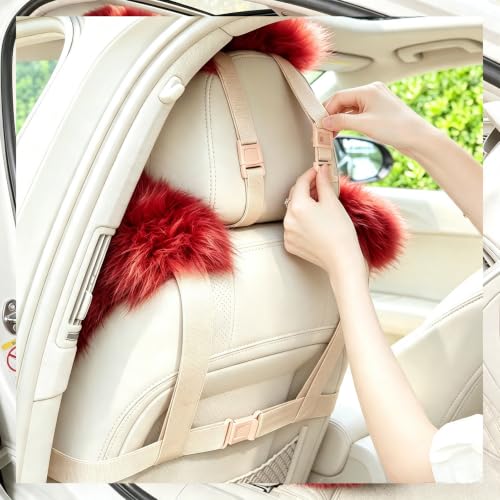Image of 2 Pack Red Fluffy Sheepskin Car Seat Covers for Soft Auto Fur Pet Cushion