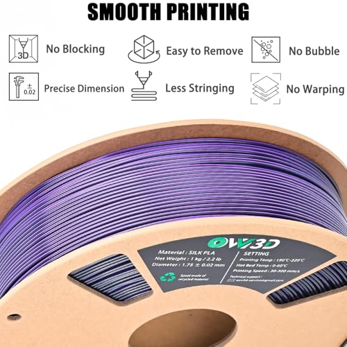 Image of OVV3D Silk PLA Filament 1.75mm, Dual Color PLA Filament 3D Printer Filament, Black Purple 3D Printing Filament + /-0.02mm, 1kg Spool /2.2lb
