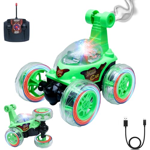 Image of Wonder Stunt Rc Car | Smoke Function and Led Lights | Abs Plastic Body | 360 Degree Spinning Wheels Rechargeable Battery Type C Charging | Remote Control Toy for Kids - Green