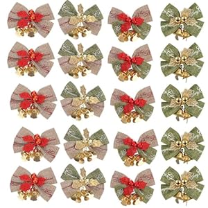 Garneck 20pcs Christmas Bows with Bells Xmas Garland Wreath Bows Ornaments Mini Bow for Christmas Tree Decor Small Linen Bowknot for Crafts Holiday Wedding Party Presents Wrapping Supplies