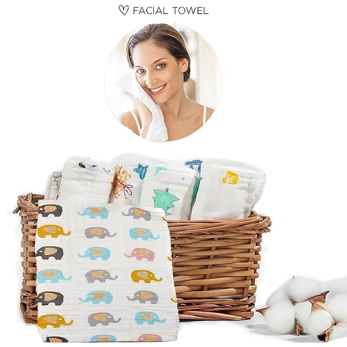 Wickston 100% Cotton Muslin Baby Burp Cloth 50 × 25 cm | 6-Layer Soft & Absorbent Gauze Towel for Newborns & Adults | Multi-Print Face Towel for Feeding & Daily Use (3, White Printed (50 x 25 CM)) 4