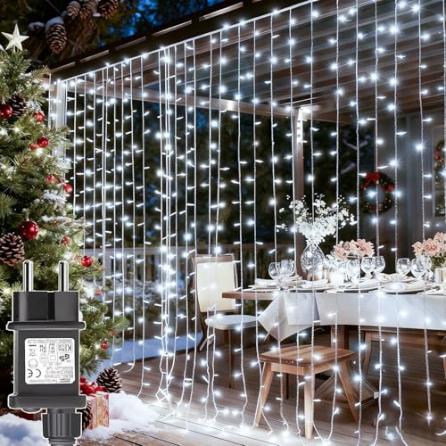 yowin Cortina Luces Navidad Exterior 3x3M 300 LED Luz de Navidad con Enchufe, Temporizador, 8 Modos Luces Ventana Impermeable Luce Cascada para Hogar Balcon Escaparates Interior Decoración - Blanco