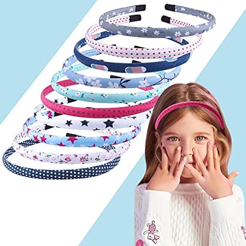Candygirl 10 Pieces Alice Band Girls Headbands Floral Fabric Blue Head Bands for Girl Flower Headband for Kids Polka Dots Heart Covered Blue Hairbands Cover
