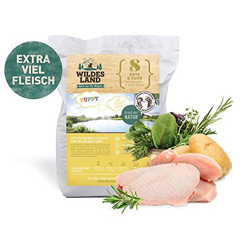 Wildes Land - Nr. 8 Puppy Ente & Huhn - 12 kg - mit Kartoffeln und Wildkräutern - Glutenfrei - Trockenfutter für Hunde - Hundefutter mit hohem Fleischanteil - Hohe Verträglichkeit