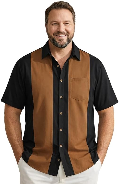 Men's Big and Tall 50s Retro Bowling Shirt, Vintage Rockabilly Button Down, Relaxed Fit Short Sleeve Camp Top