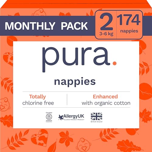 Pura Eco Baby Nappies - Size 2 (3-6kg / 6-13lbs), 6 x 29 Nappies (174 Total), Monthly Pack, Ultra Soft Nappies for Sensitive Skin, Organic Cotton, Wetness Indicator, Umbilical Cord Cutout
