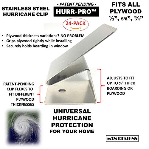 Hurr-Pro Universal Hurricane Window Clips, Stainless, 1/2" To 3/4" One-Size-Fits-All, 24-Pack 6-Windows, Reusable Hurricane Clip, Patent Pending #TOP1