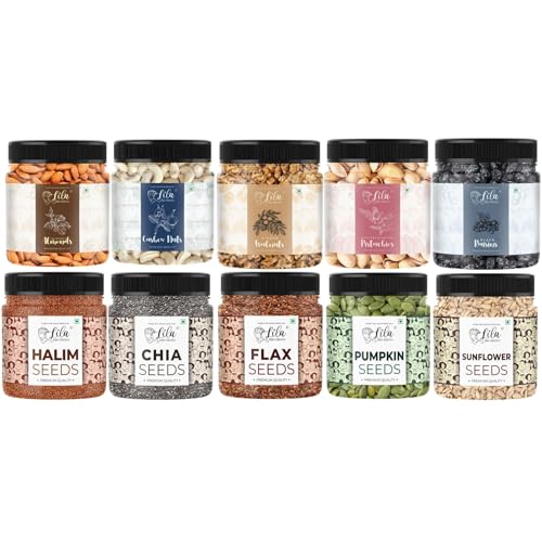Image of LILA DRY FRUITS Protein & Energy Combo Pack 10 in 1 (100g x 10) Almonds Cashews Walnuts Pistachio Black Raisins with Pumpkin Sunflower Flax Chia Halim Seeds Mix for Healthy Snacking & Daily Nutrition