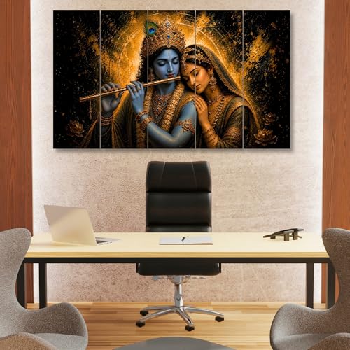 Image of Nozvera Radha Krishna 5 Panel Wall Painting | UV Printed Sparkle Laminated Canvas Art | 48x24 Inch Large Framed Poster for Living Room, Bedroom, Pooja Room | Waterproof Antifade Home Decor