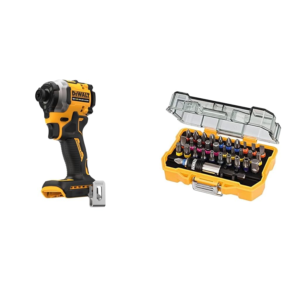 Dewalt - Visseuse à choc XR 18V Brushless (Produit seul) - DCF850N-XJ & Coffret de 32 Embouts de Vissage de 25mm Robustes et Précis - Assortiment de 32 Embouts de Vissage avec Porte