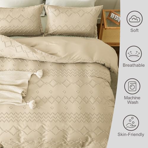 Image of EMME Boho Duvet Cover Set - Tufted Comforter Set with Boho Embroidery, All-Season Bedding for Twin, 1 Duvet + 1 Pillowcase (Beige)