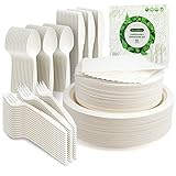 DecorWoo 300Pcs Compostable Paper Plates Set, Eco-friendly Heavy Duty Plates & Biodegradable Utensil Include Forks,Knives,Spoons, Napkins, Disposable Dinnerware Set for Party (White)