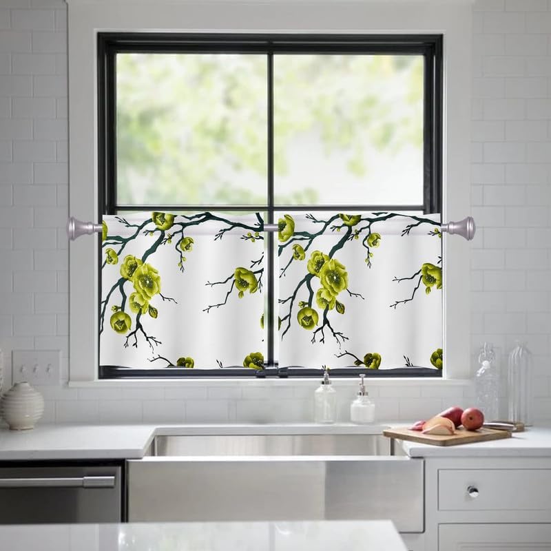 HIMS Green Flower Washroom/Kitchen Window Curtains,Rod Pocket Short Small Window Curtains 2 feet for Kitchen (Width 26 Inch X Length 24 Inch) - Pack of 2 Piece