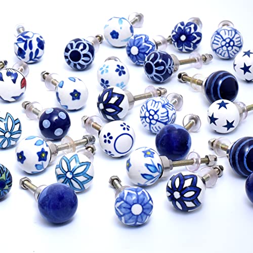 Image of Indian-Shelf 6 Blue White Ceramic Cabinet Knobs Vintage Floral Drawer Pulls