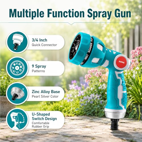 Image of TOTAL 9 Pattern Water Spray Gun Nozzle for Garden Hose with 3 /4 Inch Connector, Heavy Duty Zinc Alloy Water Gun with Rubber Grip & U-Shaped Lock for Car Wash, Gardening & Cleaning