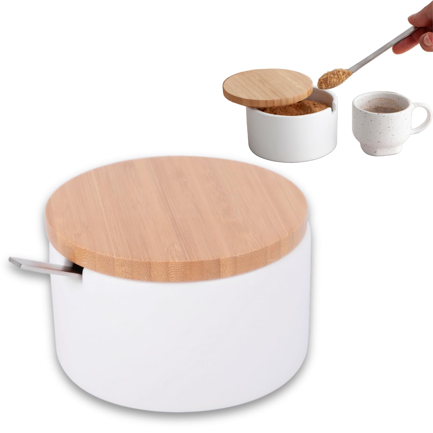 KOOK TIME Sugar Bowl for Kitchen and Serving, Ceramic Bowl Sugar Pot Body with Bamboo lid and Stainless Steel Spoon, Useful Also as a Salt Pig or for Spice (White)