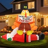 5FT Thanksgiving Turkey Inflatable Outdoor Decorations, Blow Up Turkey Sitting on Santa Claus with Sign, Built-in LED Lights Holiday Décor for Outside Lawn Garden Home Indoor