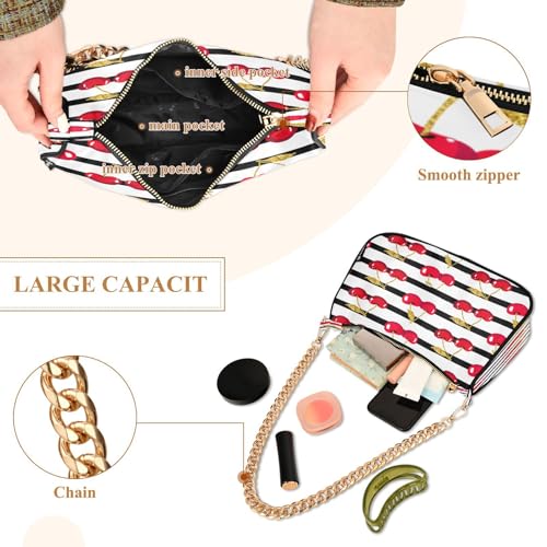 Shoulder Bag for Women Cherries Golden Stripes Tote Handbag Crossbody Bag with Zipper Closure4