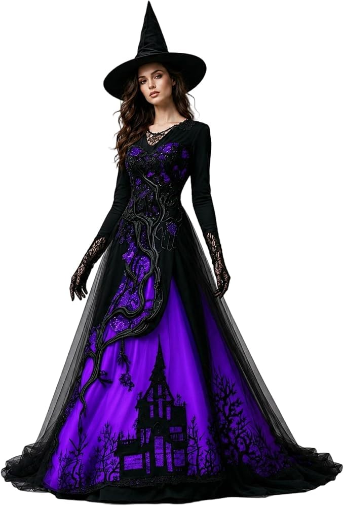 Gothic Dress Womens Halloween Costume Adult Medieval Lace and Chiffon Vampire Costume, Vintage Renaissance Medieval, Day Of the Dead Outfit, Party Dresses for Women