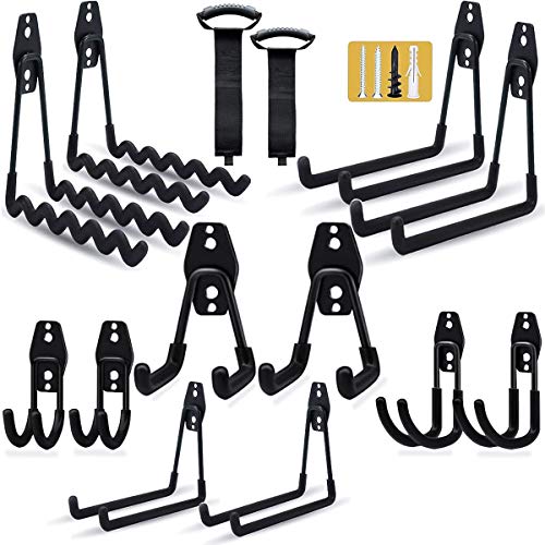 Garage Hooks,Storage Hooks for Garage Wall,Steel Heavy Duty Hooks with Anti-Slip Coating and Portable Storage Straps,for Organizing Power Tools,Ladders,Bikes,Hoses Etc(14-Pack Black)