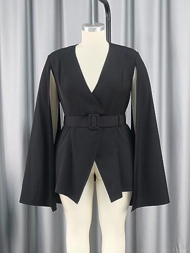 ONTINVA Women's Black Open Front Jacket Cape Blazer with Belt Slit Sleeve Work Office Business Collar Jackets Coat - Image 3