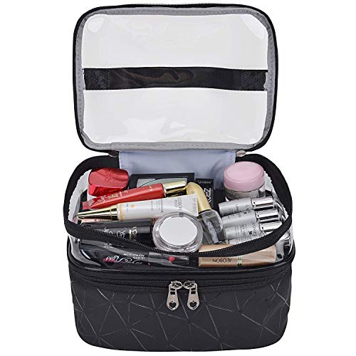 Image of House of Quirk PVC Makeup Bags Double Layer Travel Cosmetic Cases Make Up Organizer Toiletry Bags (Black)