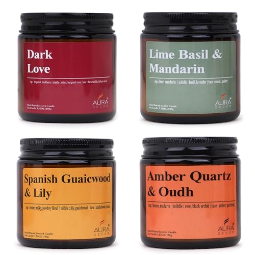 Image of AuraDecor Scented Soy Wax Amber Jar Candle Set of 4, Organic Luxury Aroma, Aromatic /Aromatherapy Votive Candle || Burning Time Upto 30 Hours (Aromatherapy, Gift Set (Type 1))