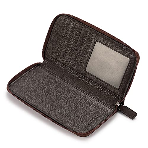 Image of HISCOW Leather Checkbook Cover, Zippered Wallet, Pebbled Coffee | Full grain cowhide, 5cc & ID window, personal check book & register pockets, removable duplicate divider, women secure zipper