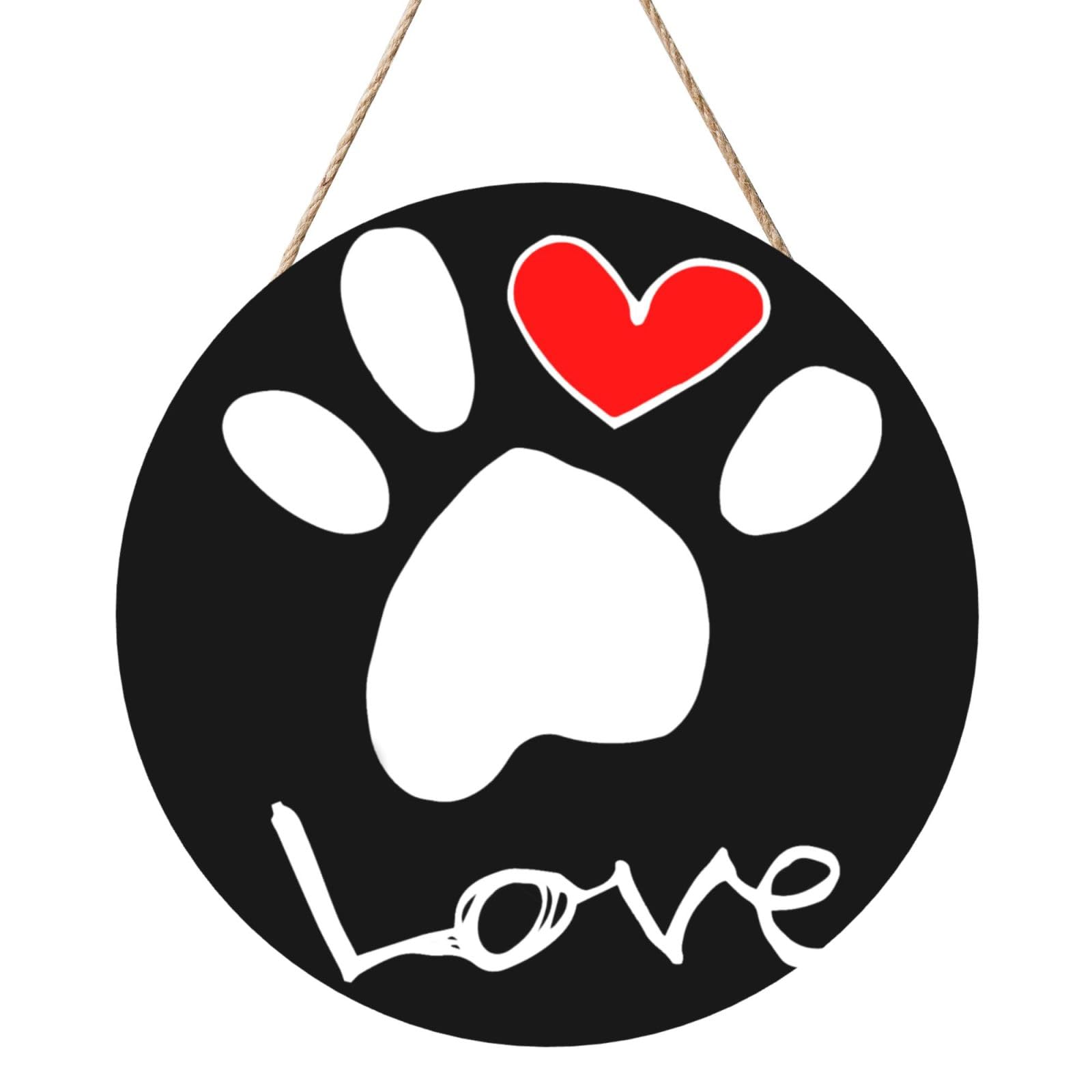 InOmak Dog Footprint Paw Love, Round Wood Panel Painting 12 in, Wall Hanging Painting For Home