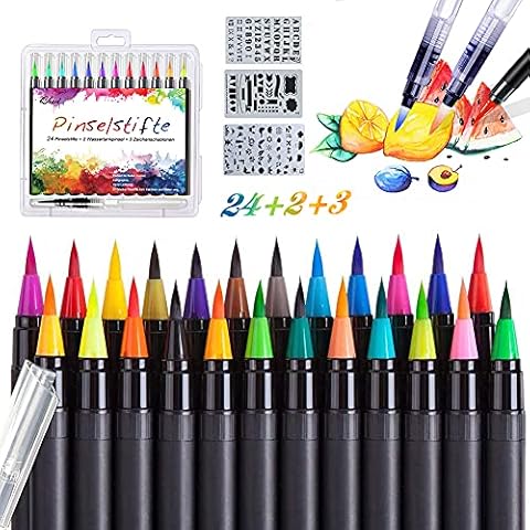 Qhui Brush Pens 24 Colours+2 Water Brushes+3 Painting Stencils, Watercolour Brush Pens with Flexible Nylon Tip, Brush Pen Set for Bullet Journal Calligraphy Painting Handlettering Manga Drawings Cover