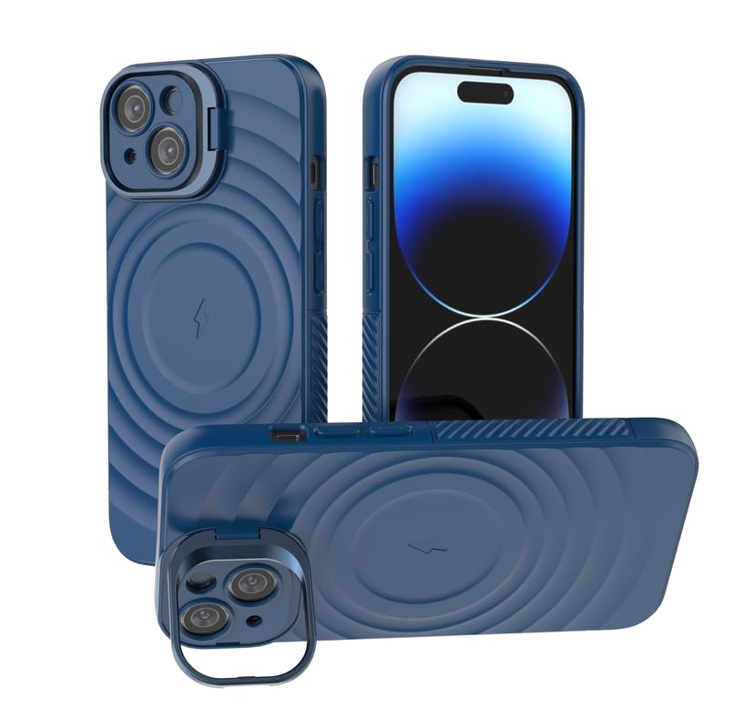Image of LuxuryKase Shockproof Case for iPhone 14 | Ripple Pattern | Camera Protection | Inner Velvet Fabric Lining | Protective Cover with Enhanced Grip & Wireless Charging Support - Blue