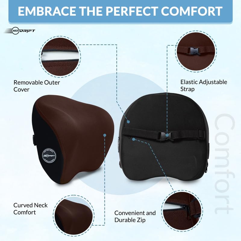 Image of Neodrift 'CurveNeck Pro' (Set of 2) | (Color - Brown) (Neck Rest Cushion Orthopedic Velvet Memory Foam Pillow for Neck, Head, Shoulder Support) Pain Relief for Car