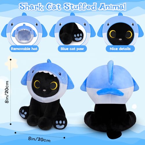 Image of Shark Plush Stuffed Cat, 8inches Black Cat Plush with Blue Shark Hood Removable, Cute Plushies Kawaii Cat Stuffed Animal Doll Toy for Kids Boys Girl