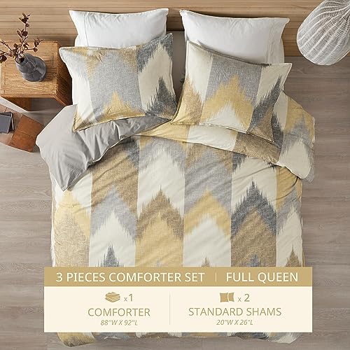 Image of Ink+Ivy Queen Size Comforter Set, Cozy Cotton Comforter, All Season, Lightweight Comforter Queen Bed Set with 2 Matching Shams, Modern Cabin Lodge Ikat Chevron Design, Yellow Full /Queen 3 Piece
