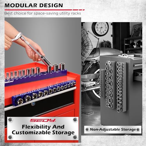 2-Piece 3/8"-Drive SAE Magnetic Socket Organizer Set (Holds 26 Sockets) - Detachable Tool Tray with 5mm Magnetic Base, Screw-Fixed Design & Heavy-Duty Modular Storage for Garage/Home Workshop