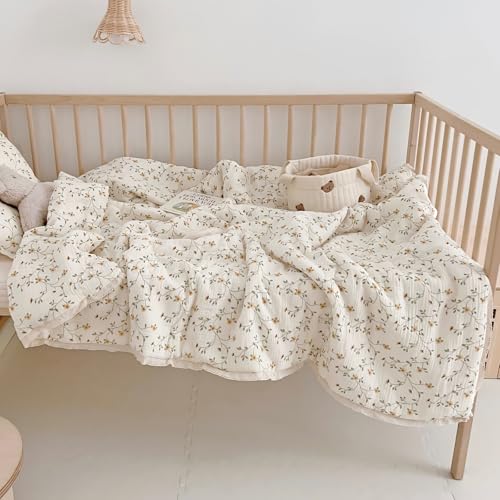 Image of BuLuTu Muslin Toddler Quilt Cute Baby Comforter for Crib, Soft Lightweight Muslin Blankets for Girls Boys, Wildflower Pattern, 47 inchx59 inch