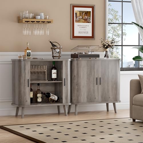 Image of BORNOON Buffet Cabinet with Storage, Curved-Edge Fluted Storage Cabinet Sideboard, Modern Black Sideboard Buffet with Adjustable Shelves & Sliding Door for Dining Room, Kitchen, Entryway (Wood)