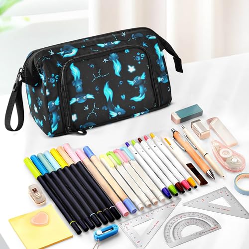 Image of Fisyme Blue Axolotl Fish Pencil Case Large Capacity Pencil Pouch Pen Bag Box Big Makeup Pencil Case Organizer