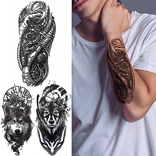 Big Robotic Arm Temporary Tattoo For Men Women Tribe Wolf