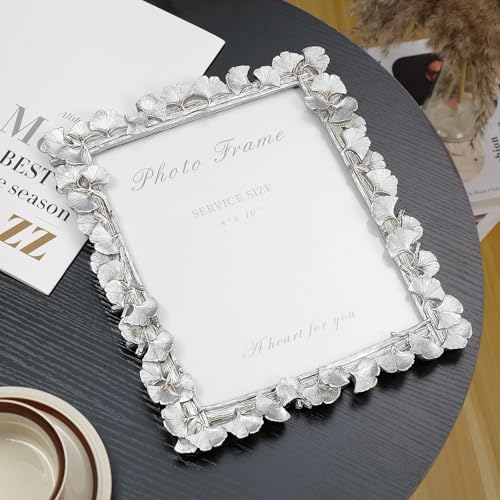 Silver 8x10 Picture Frame, Vintage Silver Ornate Leaf Textured Hand-Crafted Resin with Glass Front Antique Photo Frame for Tabletop Display, Retro Design Home Decor