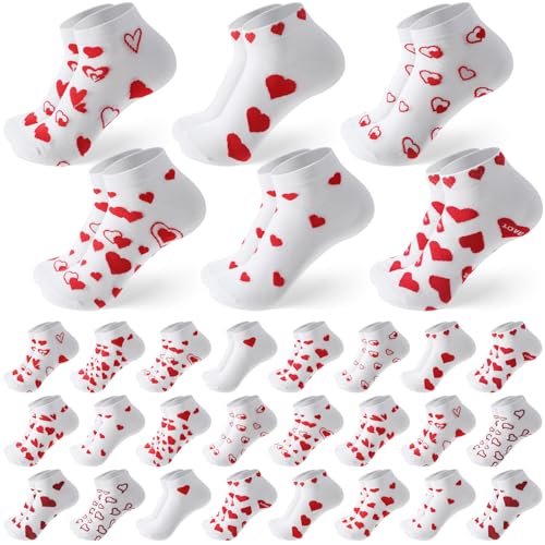 Image of Short Valentine Heart Socks for Women, Red Pink White Heart Ankle Crew Low Cut Galentines Socks Bulk for Women