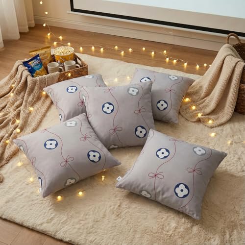 Image of Clasiko 16x16 Cushion Covers - Set of 5 Soft Cotton-Feel Decorative Pillow Covers | Ribbon Blossom, Flap Closure, Perfect for Sofa & Living Room