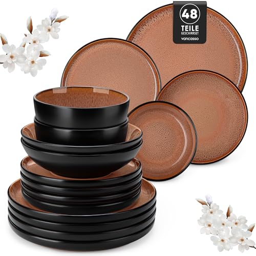 vancasso AMBER Service de Table 12 Personnes, Set Vaisselle 48 Pièces en Grès - Assiettes Plates, Assiettes à Dessert, Bols à Pâtes et Bols - Adapté au...