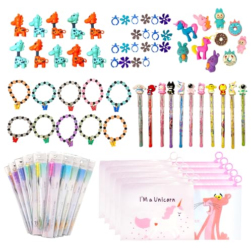Image of Return Gift Combo Pack of 10 (70 Pieces) | Colorful Pouch, Triangular Ruler, Push Pencil, Cute Eraser, Bracelet, Blow Ring & Mini Toy - Party Favors for Girls 4-10 Years (Little Diva Combo)