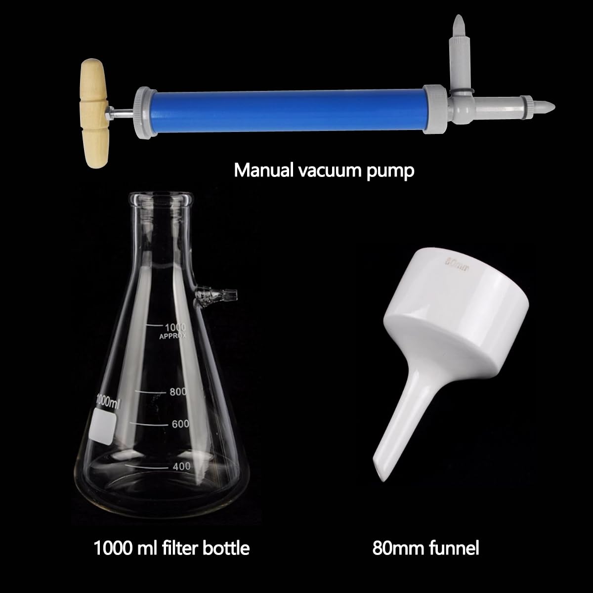 Kompletter Vakuumfiltersatz mit Filterkolben, Handvakuumpumpe und Buchner Trichter (1000ml)