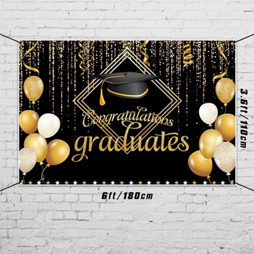 MIRRORANG Polyester 6x3.6ft Black Gold Congratulation Graduates Banner, Graduation Banner - Image 3
